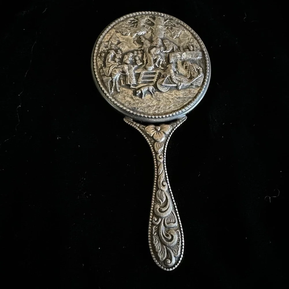 Vintage Small Repousse Silverplate Hand Mirror Hans Jensen Denmark Art Nouveau